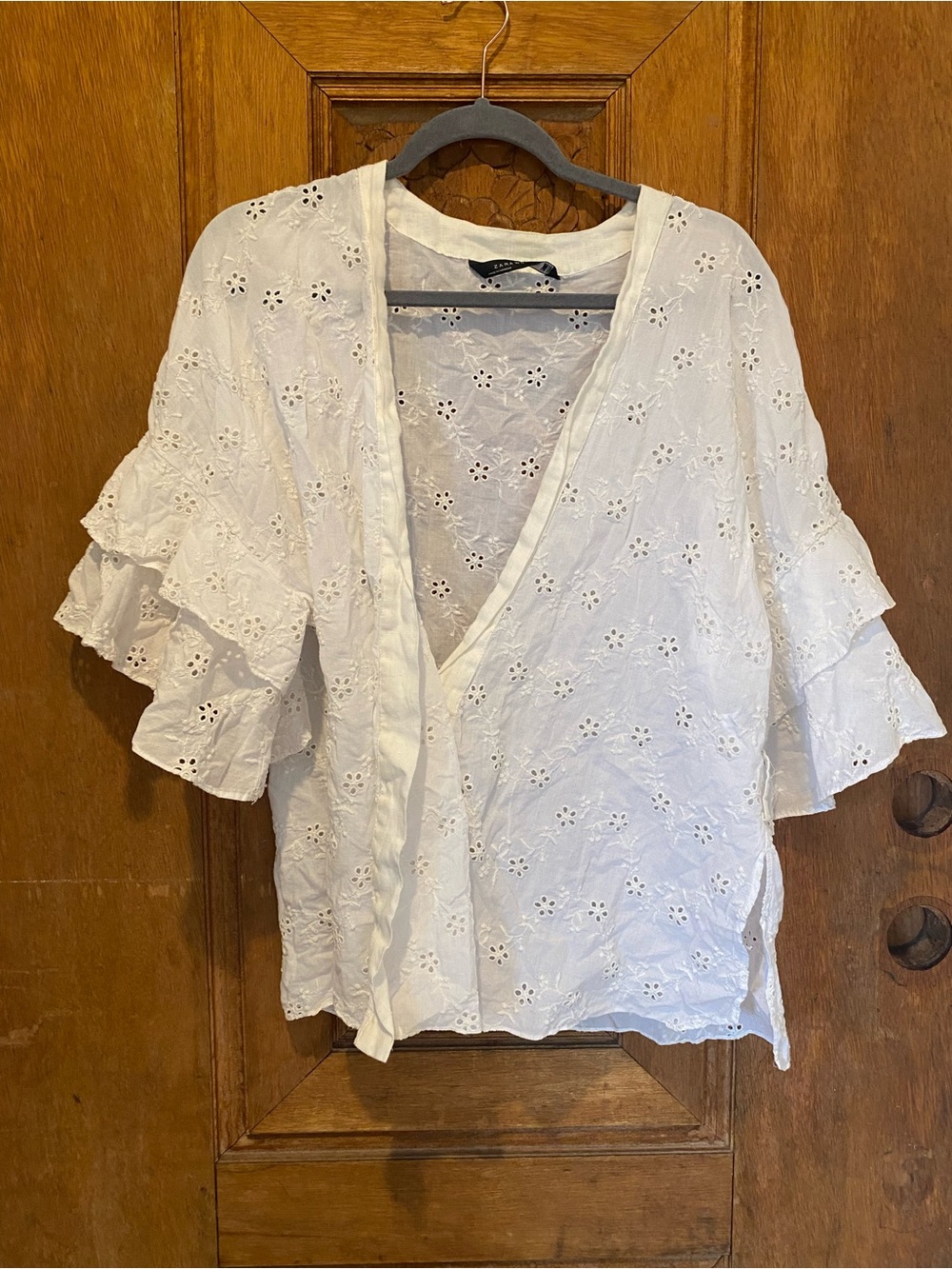 ZARA White Eyelet Ruffle Sleeve Women's wrap Top XXL